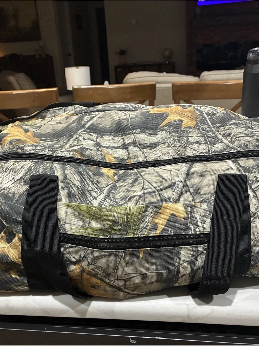 10 pocket Camouflage Duffel Bag with Black Straps, liquid & shoe, compartments